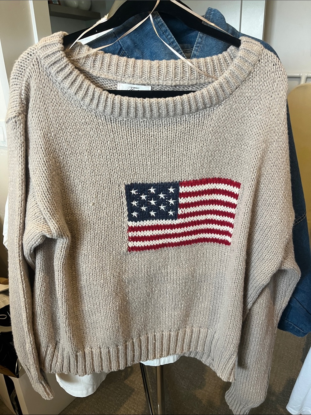 NWT tic toc Beige Flag Knit Sweater - Casual Crewneck Women’s Sweater medium